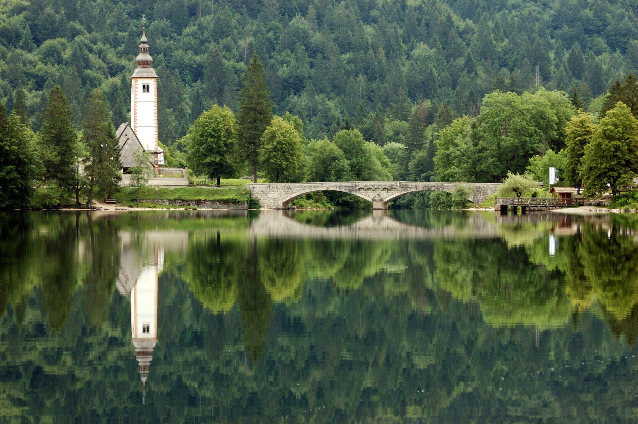 Lake Bohinj with a church